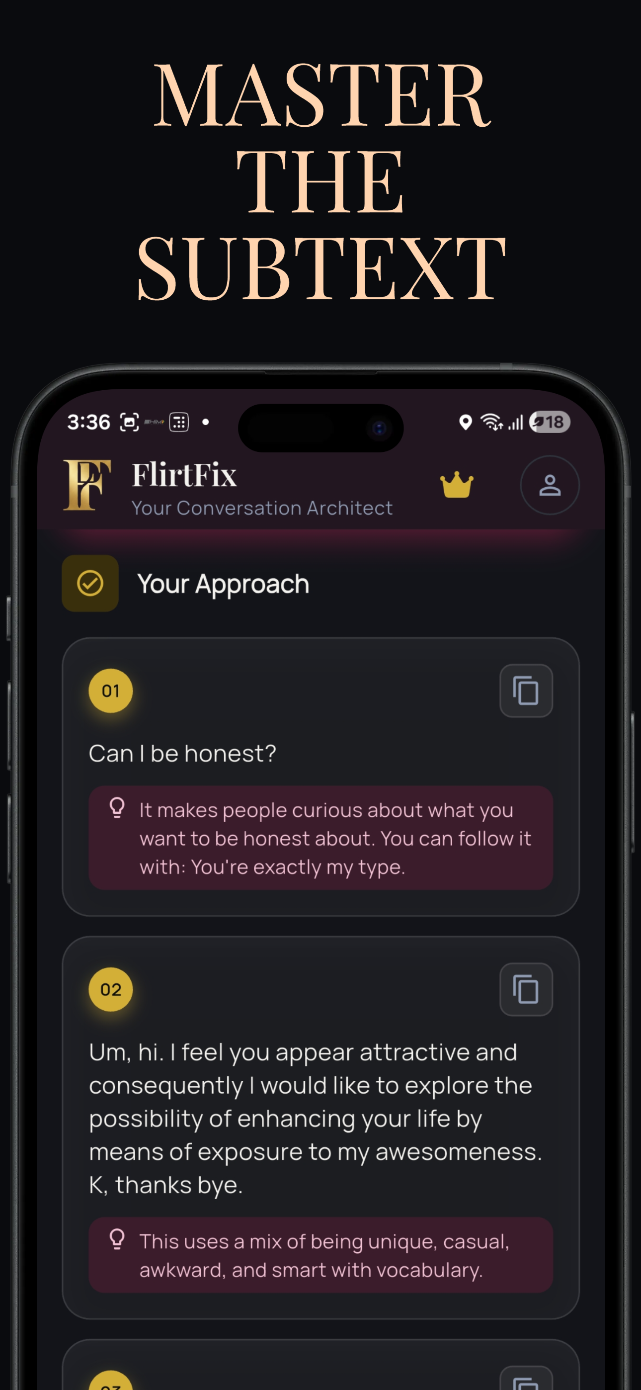 FlirtFix mobile app screenshot with three reply options and explanations